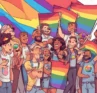 Illustration of a group of people celebrating Pride Month