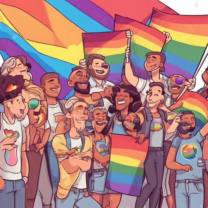 Illustration of a group of people celebrating Pride Month