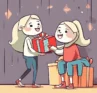 Illustrated graphic of a person handing a gift to another person
