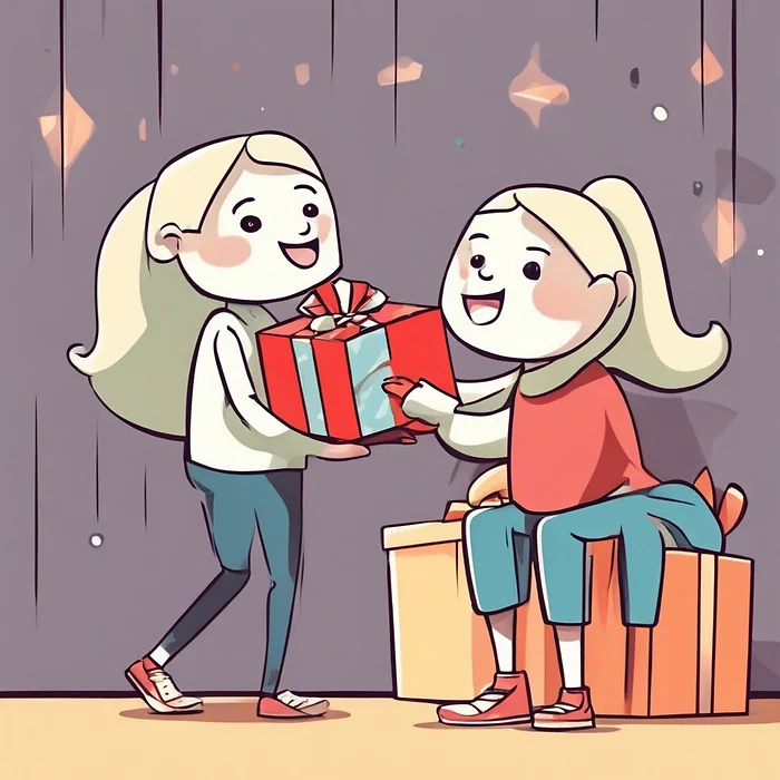 Illustrated graphic of a person handing a gift to another person